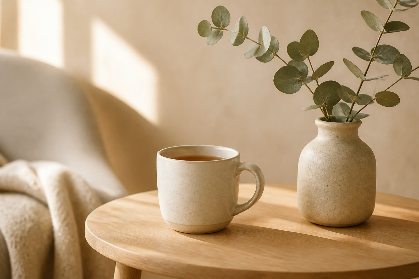 A calm room with warm light and a cup of tea